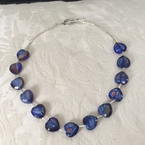 Handcrafted glass hearts w silver beads necklace .